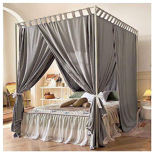 California King Canopy Bed Frame with Gray Curtains