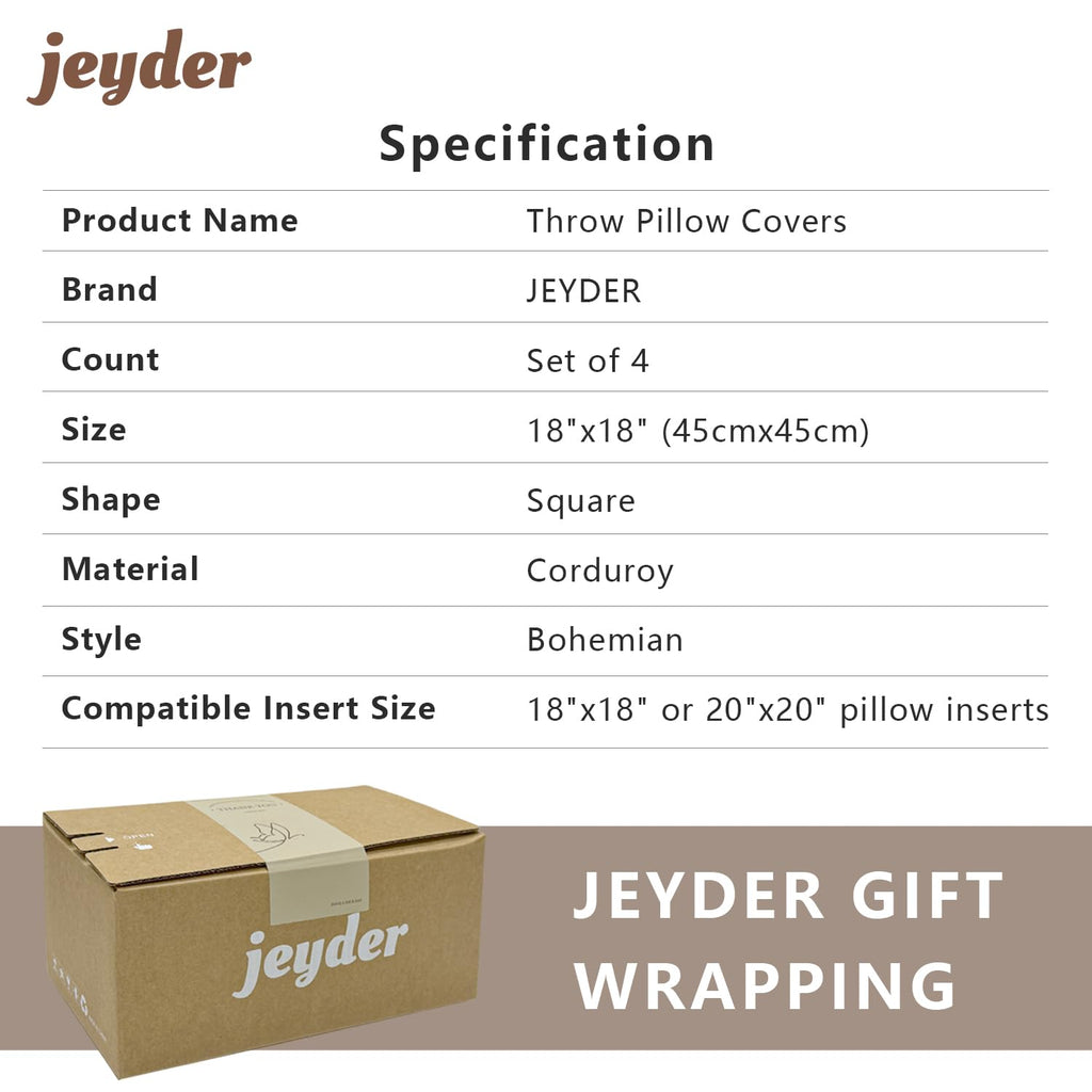 JEYDER Set of 4 Boho Corduroy 18x18 Pillow Covers
