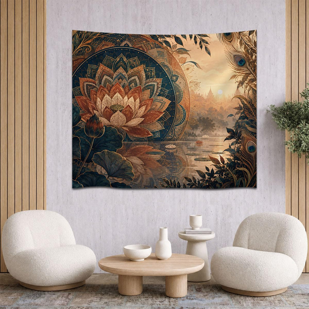 Lotus Flower & Peacock Serenity Wall Tapestry