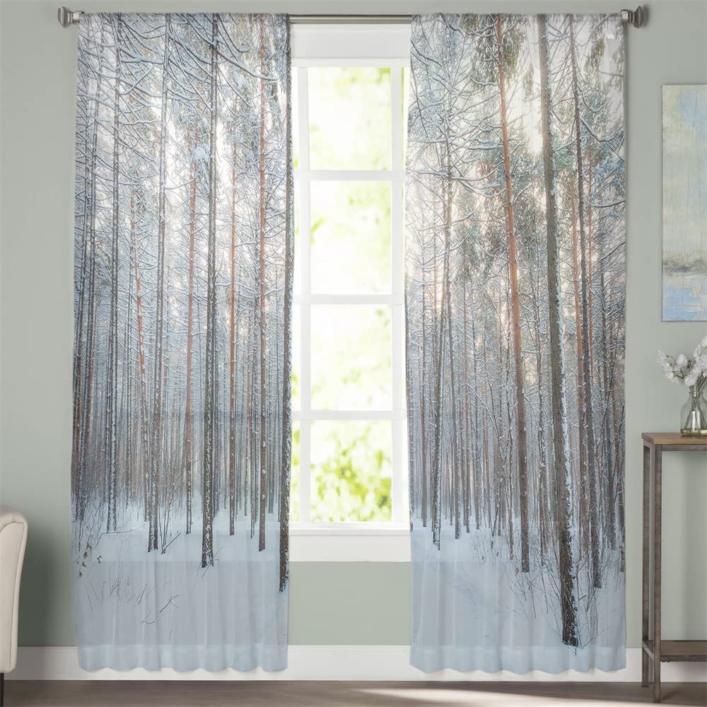 Snow Scene Sheer Voile Curtain Panels for Living Room