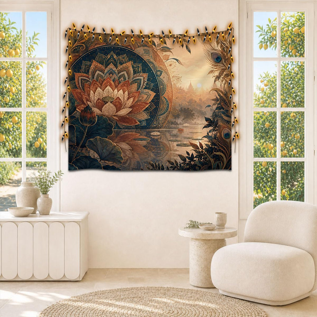 Lotus Flower & Peacock Serenity Wall Tapestry