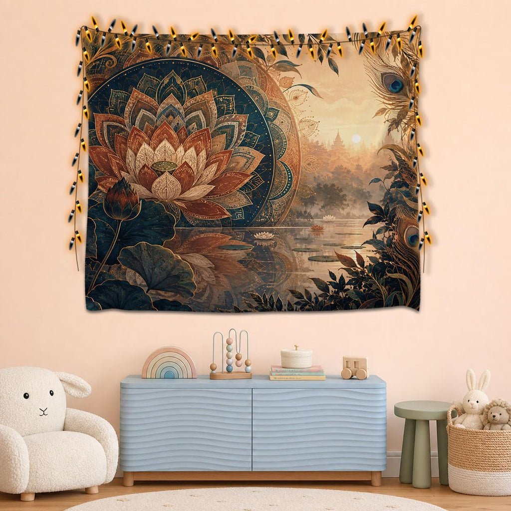 Lotus Flower & Peacock Serenity Wall Tapestry
