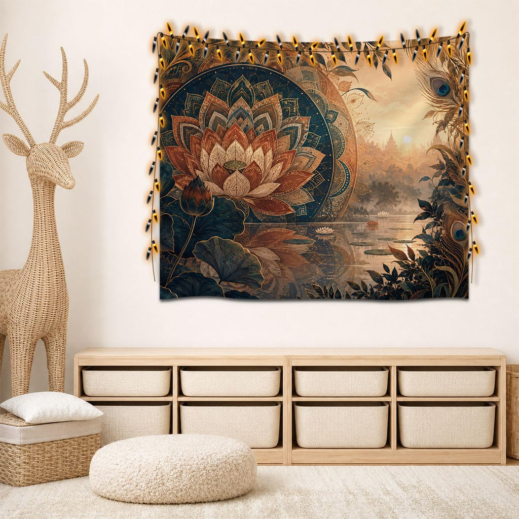Lotus Flower & Peacock Serenity Wall Tapestry