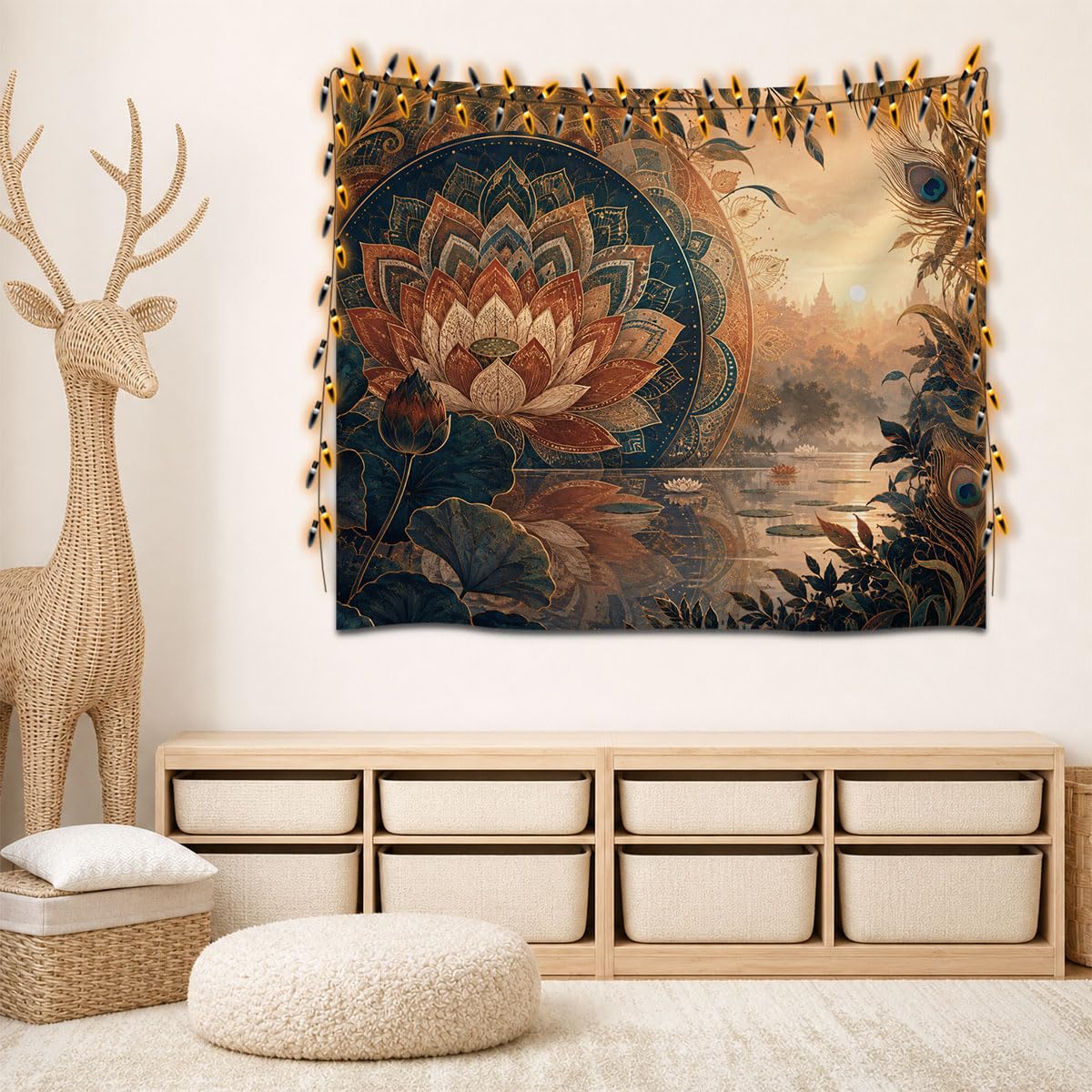 Lotus Flower & Peacock Serenity Wall Tapestry