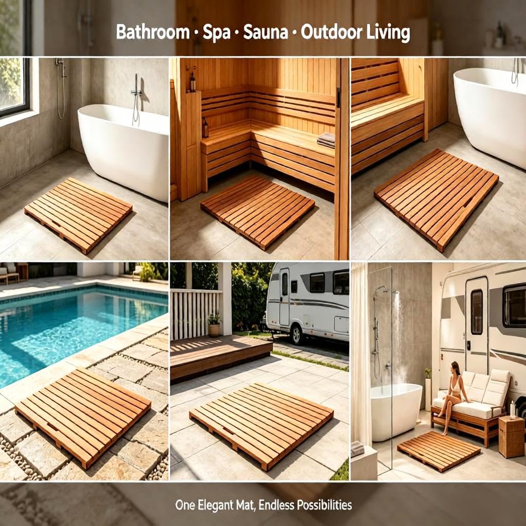 Solid Wood 12x12 Shower Floor Mat for Bathroom
