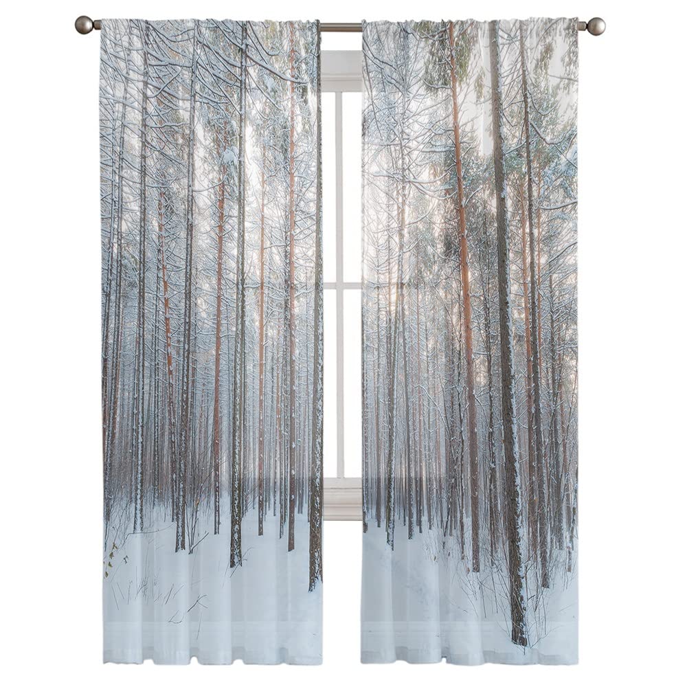 Snow Scene Sheer Voile Curtain Panels for Living Room