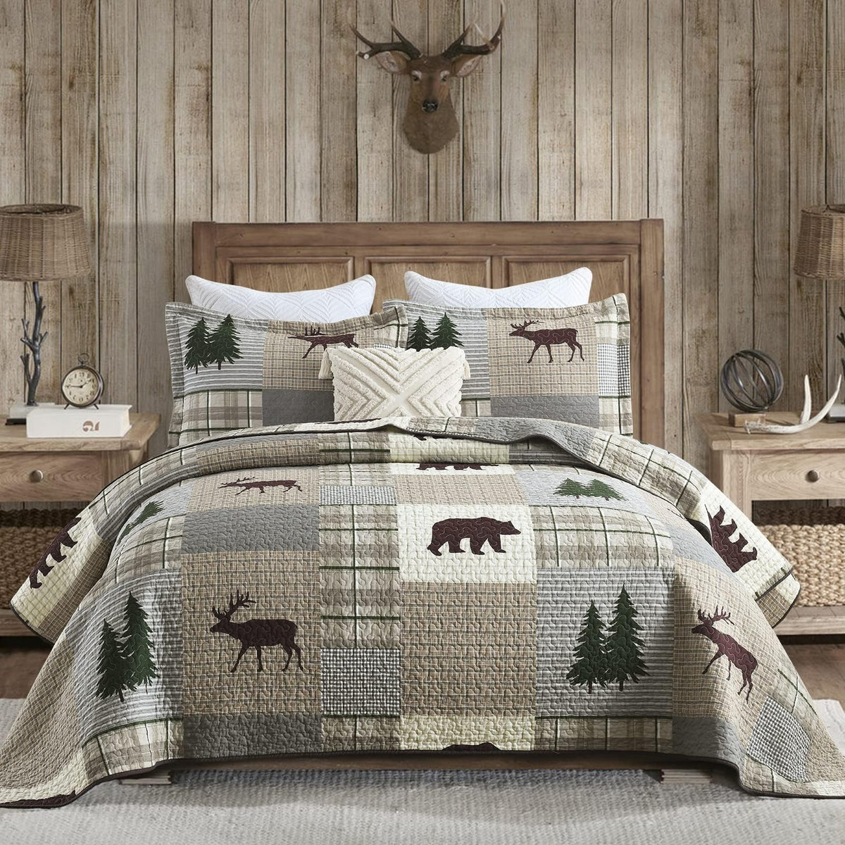 PERHOM 100% Cotton Reversible Plaid Quilt Bedding Set