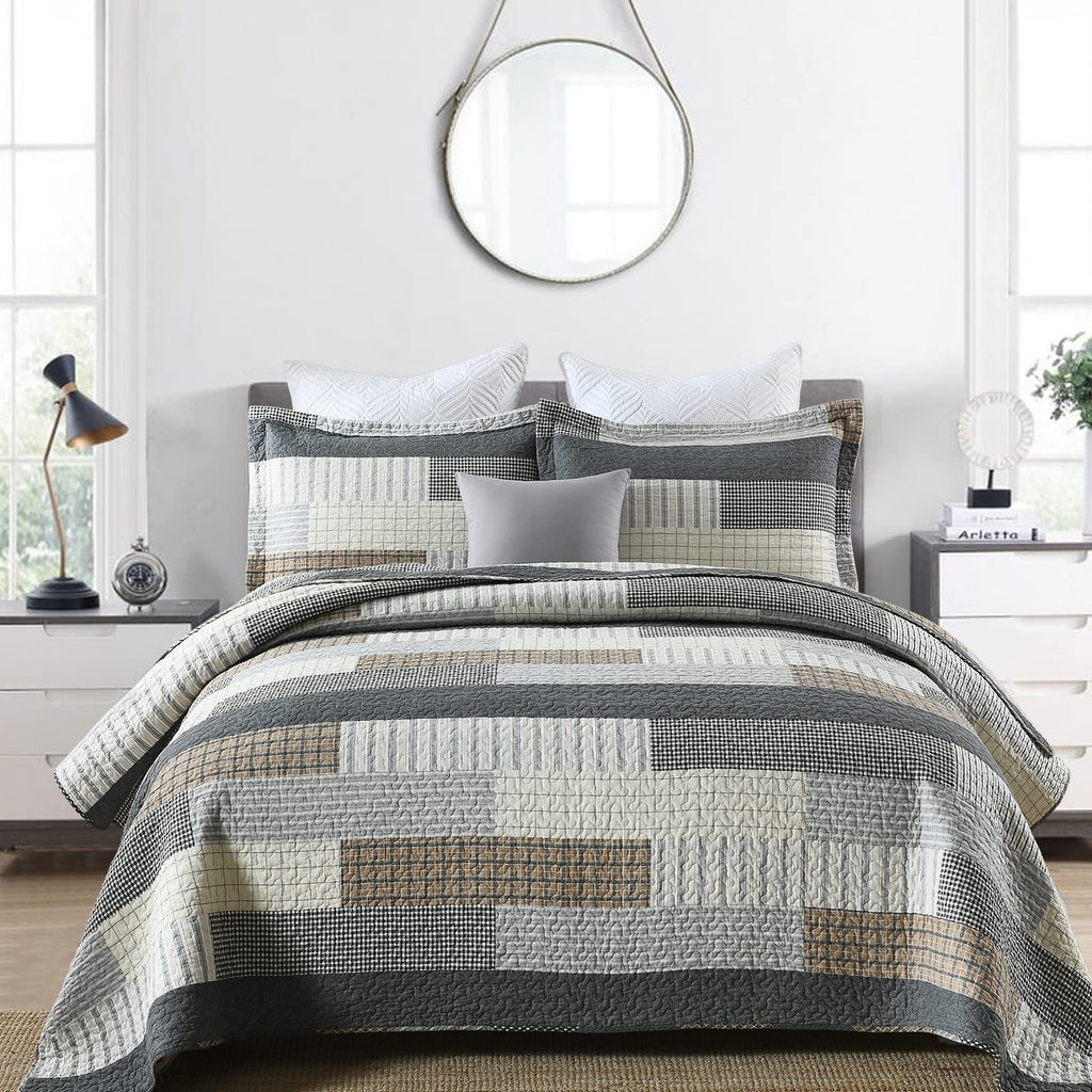 PERHOM 100% Cotton Reversible Plaid Quilt Bedding Set