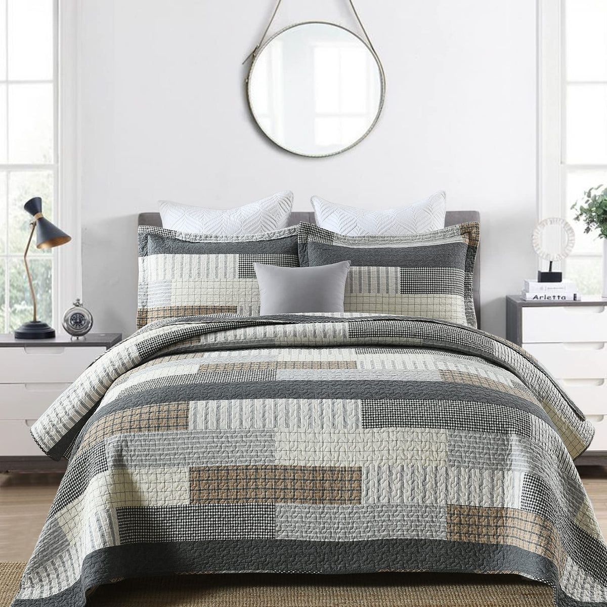 PERHOM 100% Cotton Reversible Plaid Quilt Bedding Set