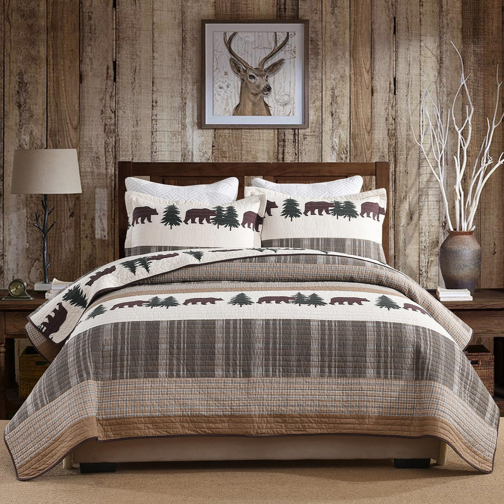 PERHOM 100% Cotton Reversible Plaid Quilt Bedding Set