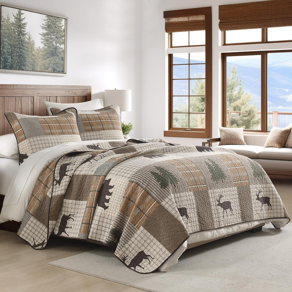 PERHOM 100% Cotton Reversible Plaid Quilt Bedding Set
