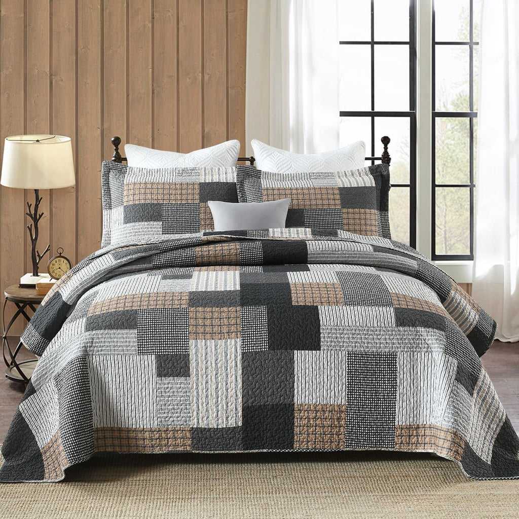 PERHOM 100% Cotton Reversible Plaid Quilt Bedding Set
