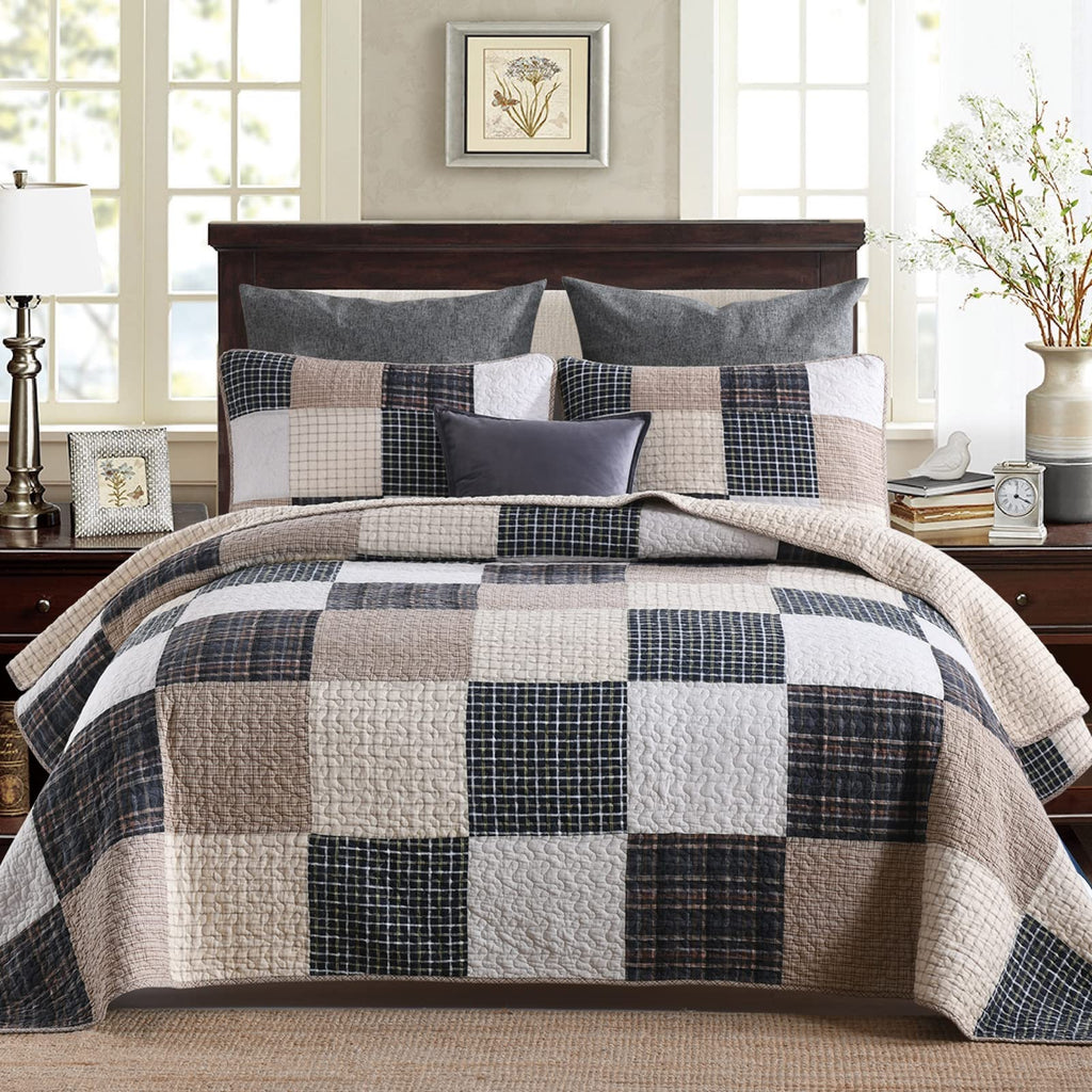PERHOM 100% Cotton Reversible Plaid Quilt Bedding Set