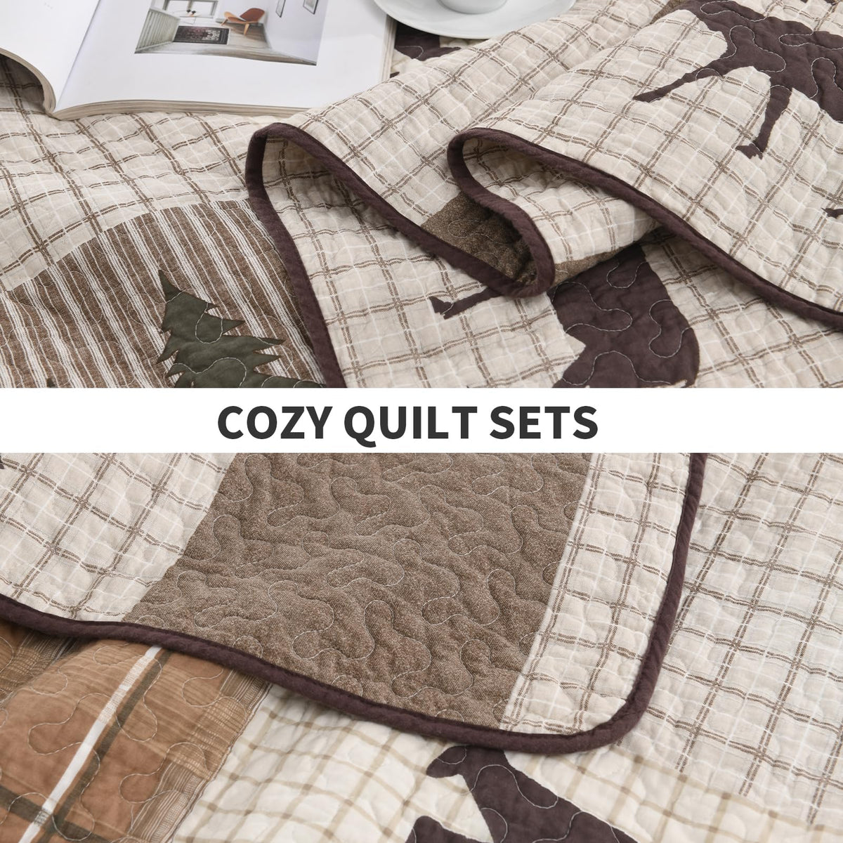 PERHOM 100% Cotton Reversible Plaid Quilt Bedding Set