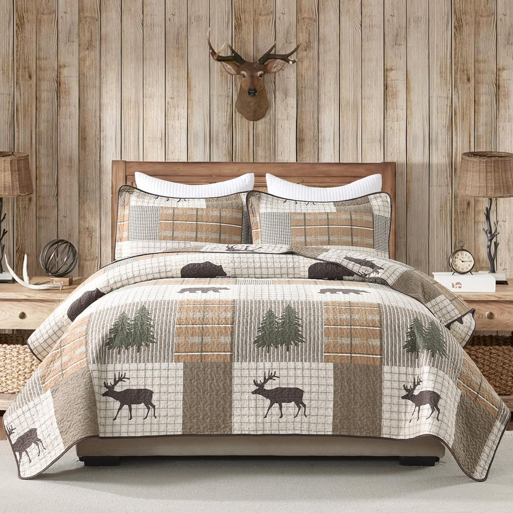 PERHOM 100% Cotton Reversible Plaid Quilt Bedding Set