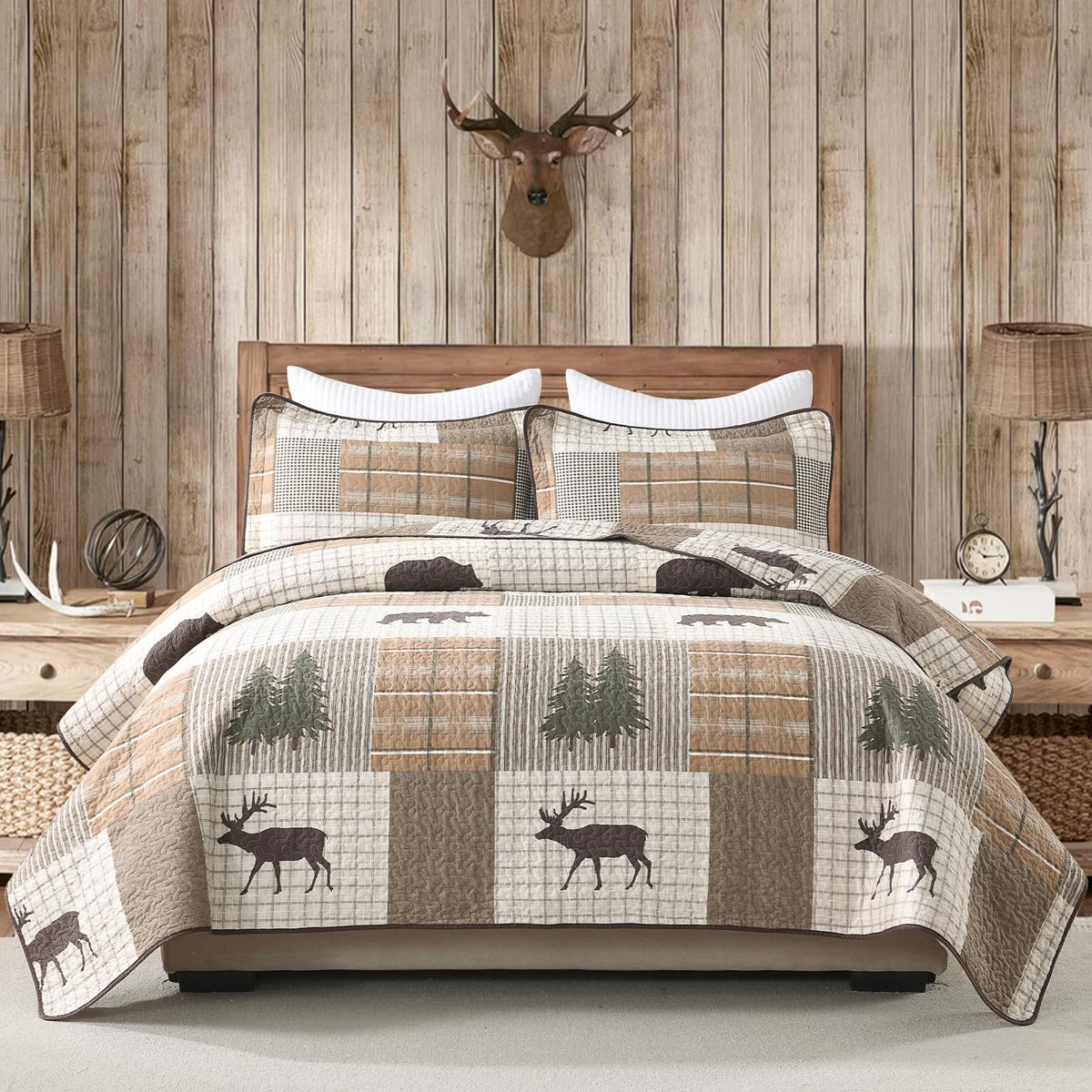 PERHOM 100% Cotton Reversible Plaid Quilt Bedding Set